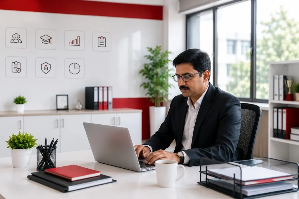 School leader reviewing operations on a laptop