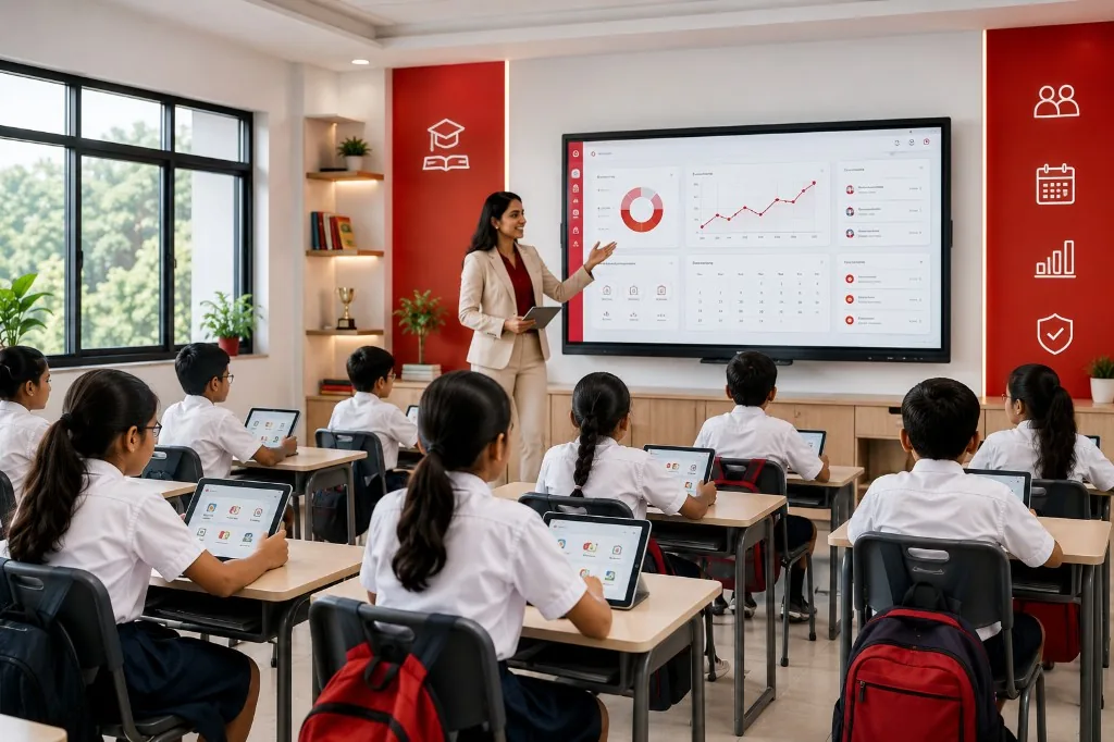 Teacher and students using Rudonest in a modern classroom